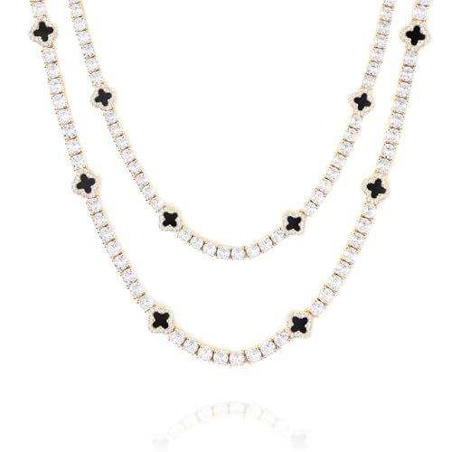 LuxeFlex 4mm Iced Out Four Leaf Tennis Chain,White Gold Plated with 5A Zircon Stones, exquisite Handmade Hip Hop Bling Necklace Perfect Unisex Jewelry Gift - color: Gold, size: 20 INCH
