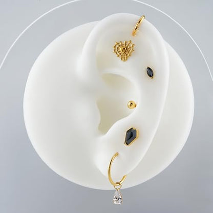 1PC Tragus Conch Helix Flat Labret Piercing Jewelry 16G 6mm 8mm - ASTM F136 Titanium Cartilage Earring Flatback Stud, Implant Grade Internally Threaded Hypoallergenic Body Jewelry (Clear CZ) - color: Black Marquise CZ - Gold