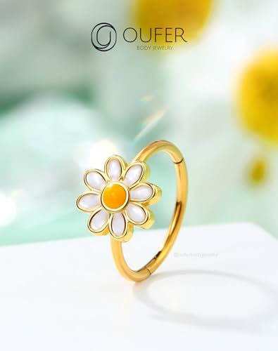 OUFER Nose Rings Hoops, 316L Surgical Steel Hinged Segment Nose Rings 20G, Silver Gold Nose Rings with Cute Daisy Design, Nose Nostril Piercing Jewelry for Women and Men - color: Gold