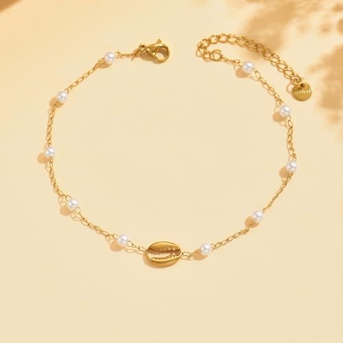 NONAMOIS 18K Gold Plated Diamond Ankle Bracelets for Women Waterproof Gold CZ Pearl Bow Link Chain Anklets Non Tarnish Summer Beach Foot Jewelry Gifts - color: Crab Claw Pearl-Gold