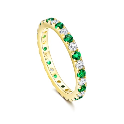 Full Eternity Band 2.4mm Wide Sterling Silver or Gold Color Stackable Birthstone and CZ Anniversary Bands Wedding Ring for Men Women, Comfort fit and Hypoallergenic - color: emerald & cz