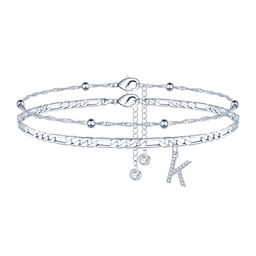 Ankle Bracelets for Women, 14K Gold Plated Dainty Layered Chain CZ Initial Anklets Summer Jewelry Gifts for Women - style: K-Silver