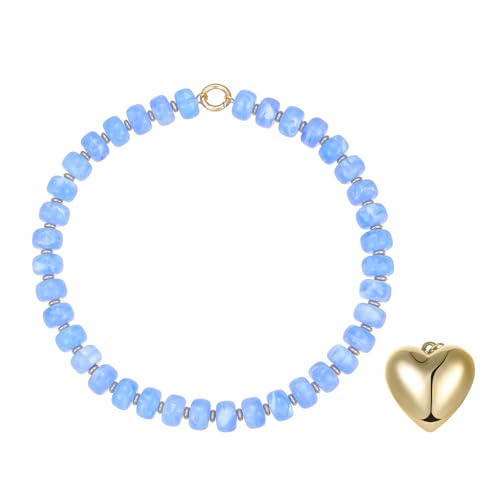 Chunky Heart Necklaces for Women Colorful Resin Beaded Necklaces for Women Gold Puffy Heart Statement Necklace Trendy Acrylic Choker Jewelry Gift - color: B-Light Blue