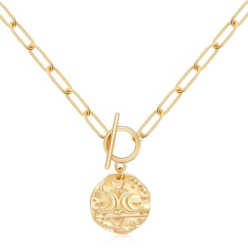 Chunky Gold Necklace for Women, 18K Waterproof Heart Necklace Statement Necklace Gold Charm Necklace Chunky Jewelry Paperclip Chain Choker Gift for Women - style: Star Moon Coin