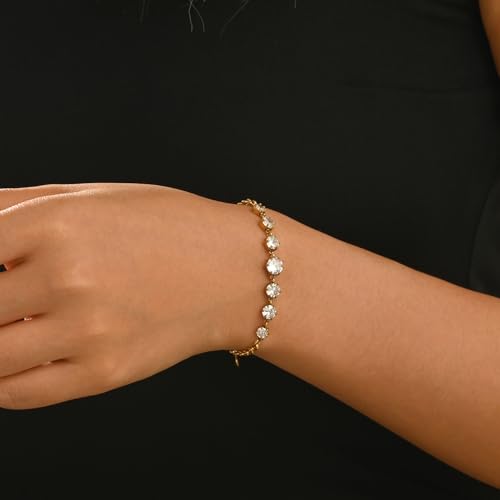 18K Gold Plated Cubic Zirconia Tennis Bracelet for Women Sparkling Stackable Stainless Steel Jewelry Hypoallergenic Tarnish Resistant Bridal Gift - color: 7 Round CZ-Gold