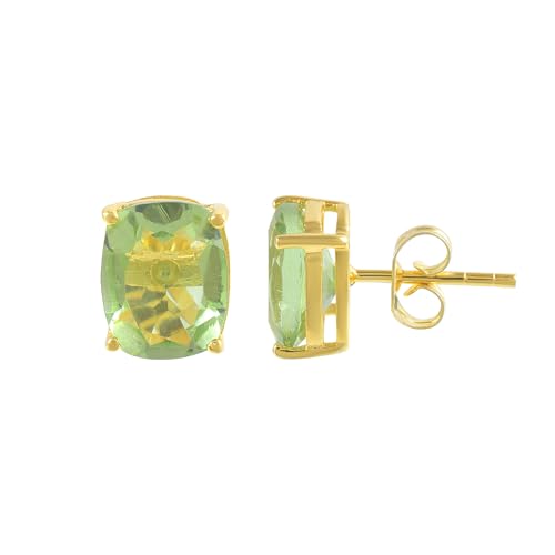 Women's 18K Gold Plated 8x10mm Princess Cut Gemstone Stud Earrings – Birthstone Jewelry for Her – Classic Cushion Studs - color: Green Amethyst