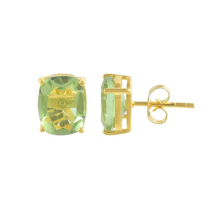 Women's 18K Gold Plated 8x10mm Princess Cut Gemstone Stud Earrings – Birthstone Jewelry for Her – Classic Cushion Studs - color: Green Amethyst