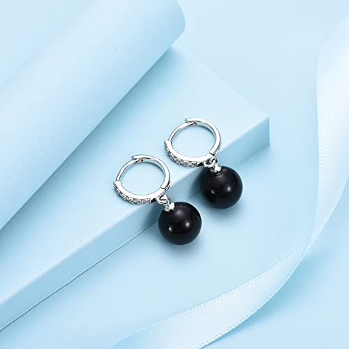 CERSLIMO Pearl Drop Earrings for Women | S925 Sterling Silver Post Simulated Shell Pearl Hoop Dangle Earrings, Hypoallergenic Cubic Zirconia Huggies Earrings Bridesmaid Jewelry - style: 01 Black-Round