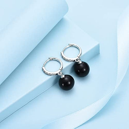 CERSLIMO Pearl Drop Earrings for Women | S925 Sterling Silver Post Simulated Shell Pearl Hoop Dangle Earrings, Hypoallergenic Cubic Zirconia Huggies Earrings Bridesmaid Jewelry - style: 01 Black-Round
