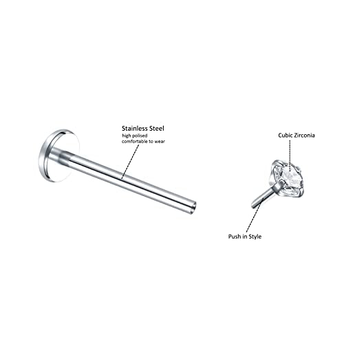 Oveta Threadless Push in Lip Rings 16G/18G/20G Labret Jewelry CZ Lip Studs Stainless Steel Cartilage Earrings for Women Monroe Medusa Piercing Jewelry 6/7/8/10/12mm Bar Length - color: Silver, size: 18G*12mm bar*1.5/2/2.5/3mm cz