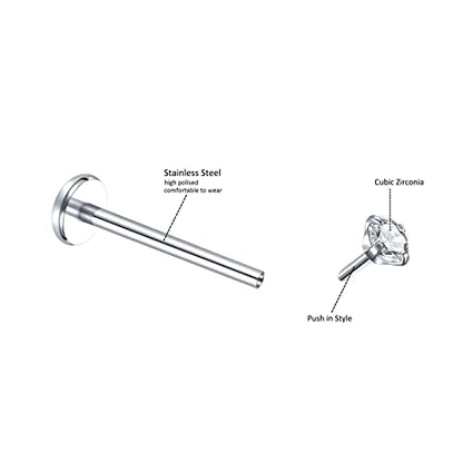Oveta Threadless Push in Lip Rings 16G/18G/20G Labret Jewelry CZ Lip Studs Stainless Steel Cartilage Earrings for Women Monroe Medusa Piercing Jewelry 6/7/8/10/12mm Bar Length - color: Silver, size: 18G*12mm bar*1.5/2/2.5/3mm cz