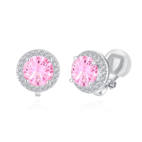 YOQUCOL 8MM Cubic Zirconia Crystal Clip On Stud Earrings Round Non Pierced Earrings for Women - color: Pink