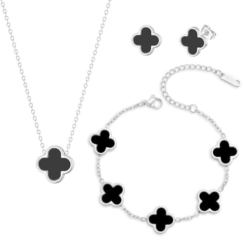 Clover Necklace Bracelet and Stud Earrings Jewelry Sets for Women | 18K Gold Plated Stainless Steel, Black/White Four Leaf Clover set,Christmas Birthday Lucky Gifts for Mom Wife Girlfriend - color: Silver Black 3PCS