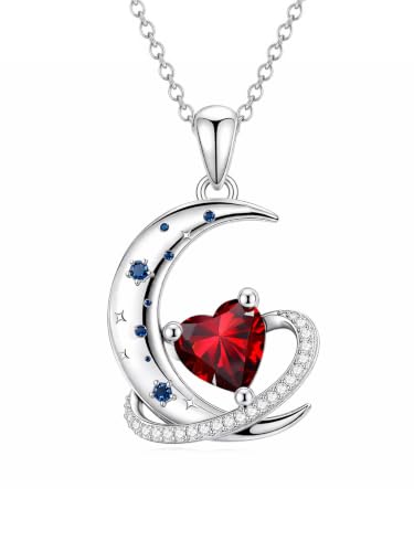 Birthstone Necklace for Women White Gold Moon and Star Pendant Moon Jewelry Anniversary Birthday Gifts for Mom Wife Her - color: 01. January - Garnet