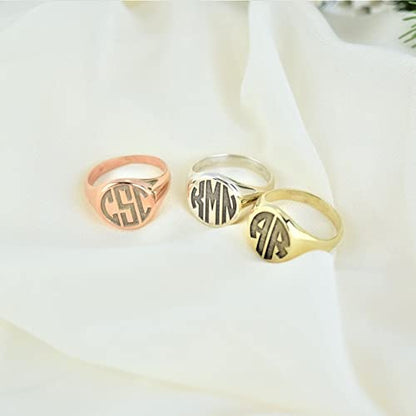 Personalized 925 Sterling Silver Initial Signet Ring Band Custom Womens Monogram Jewelry - color: Silver