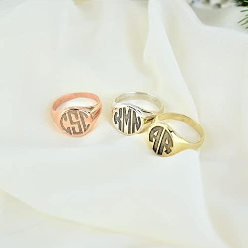 Personalized 925 Sterling Silver Initial Signet Ring Band Custom Womens Monogram Jewelry - color: Rose Gold