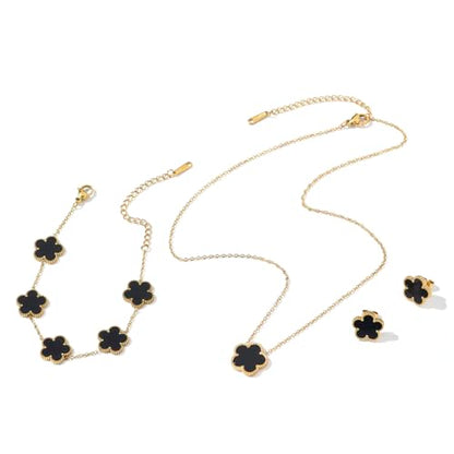 Clover Neckalce Earring Set for Women 14K Gold Plated Stainless Steel Four Leaf Clover Jewelry Set - color: G-Black