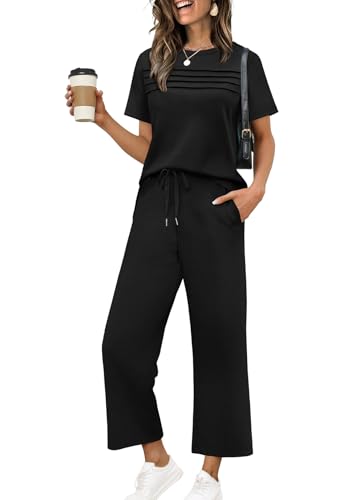WIHOLL Two Piece Sets for Women Summer Spring Travel Vacation Outfits Short Sleeve Lounge Sets Side Slit Wide Leg Pants S-3XL - color: B-black, size: Small