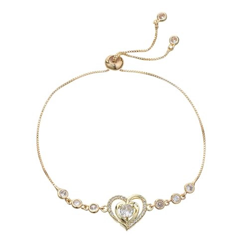 14K White Gold Plated Heart Bracelet for Women, Zircon Inlay Love Heart Charm Chain Bracelet Bangle with Adjustable Length - color: gold-white