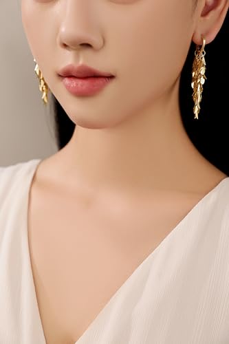 Sylph 14K 18K Gold Plated Chandelier Earrings for Women, Long Tassel Earring Huggie, Silver Leaf Dangle Drop Earrings, Dainty Bohemian Jewelry Gifts for Wedding Everyday Wear - color: A-14K Gold Plated Chandelier Earrings