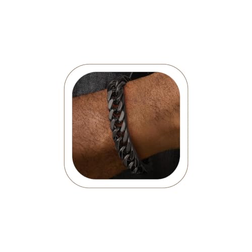 FaithHeart Mens Stainless Steel Cuban Link Bracelet, Tarnish Resistant | 6/8/12/17mm Silver/Black/Gold Sturdy Hip Hop Wrist Chain Bracelets Daily Wear with Gift Box, 7.5"/8.3"/9.1" Length - color: Black-12mm Width, size: Length 8.3 Inches