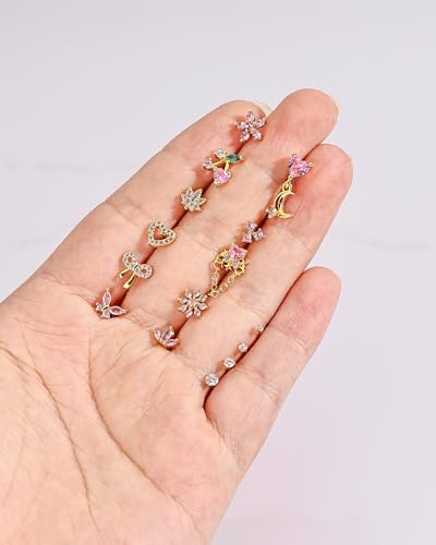 BSJ4U Nose Rings L Shaped for Women Nose Piercings 20G Surgical Stainless Steel Nose Studs CZ Heart Butterfly Flower Cherry Bow Moon Dangle Nose Piercing Jewelry - color: Gold Pink Nose Rings