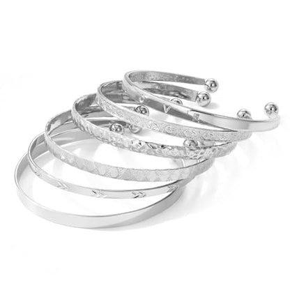 IFKM Gold Bangle Bracelets For Women, 14k Gold Plated Multi Layer Stackable Cuff Bracelet Set, Trendy Elegance Charms Non Tarnish Minimalist Textured Boho Jewelry Gift for Women - style: 6pcs Love silver