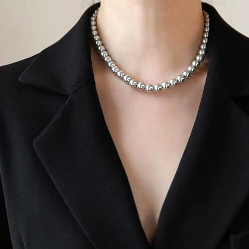Zeffy Pearl Necklace 4MM/6MM/8MM Dainty Round Imitation Pearl Choker Necklace Wedding Pearl Necklace Delicate Jewelry for Women Simple Bridesmaid Jewelry Gifts - style: 8mm Grey Pearl Necklace(14"+2")
