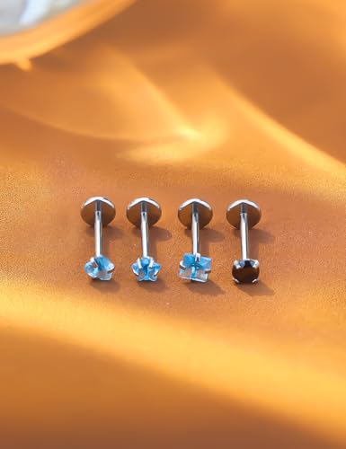 Threadless Noses Rings, Flat Back Earrings, 20/18/16g-Gauge 5/16in-Post 3mm-Top, Hypoallergenic Surgical Steel Medusa Lip Labret Cartilage Helix Tragus Conch Piercing Jewelry for Women Men - color: Blue, size: 20g*8mm