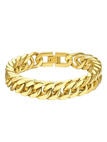 Richsteel Mens Cuban Link Bracelets, Silver/Black/14K Gold Plated Stainless Steel Bracelet for Men 8/12/17mm Width, 7.4/8.2/9 Inch Length Chain Wrist Bracelets With Gifts Box - style: 05-Gold Plated 12mm Width