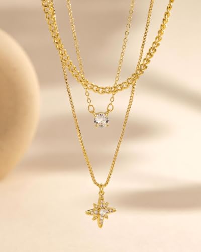 Gold Necklace Stack, Layered Gold Necklaces for Women Jewelry Set | 14K Gold Plated, Separate Chains, Pendant, Dainty, Non Tarnish, Delicate, Chain, Multi, Gift - color: 3 Layer-North Star Gold