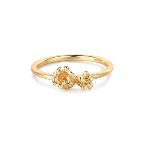 Birth Flower Stacking Ring for Women | 14K Gold Plated Brass, 12 Engraved Floral Motifs, Slim Stack-Ready Band, Available in US Sizes 5-9 - style: May.-Lily