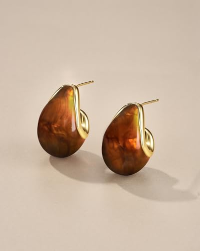 SNGIA Oval C Shape Chunky Dangle 18K Gold Plated Hoops with Colored Resin Gemstone Statement Earrings for Women by SNGIA, (Green, Brown, Blue, Pink, White, Cream), Long Bold Drop Handmade Exaggerated Irregular Trendy Bohemian Jewelry Gifts, Unique Danglin