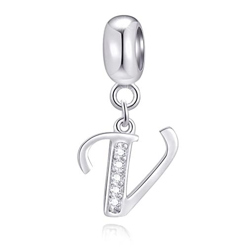 26 Letter Pendant Charms, Polished 925 Sterling Silver Complete Initial A-Z Dangling CZ Stone Alphabet Beads, fits European Bracelet Necklace, Gift for Mother/Father/Daughter/Son/Sister/Aunt - color: Letter V CZ Pendant Charm