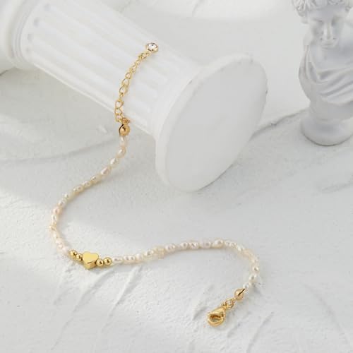 BERISO Gold/Silver Pearl Bracelets - 14K Gold Plated Dainty Pearls Beaded Chain Heart Bracelets - style: Pearl Heart-Gold