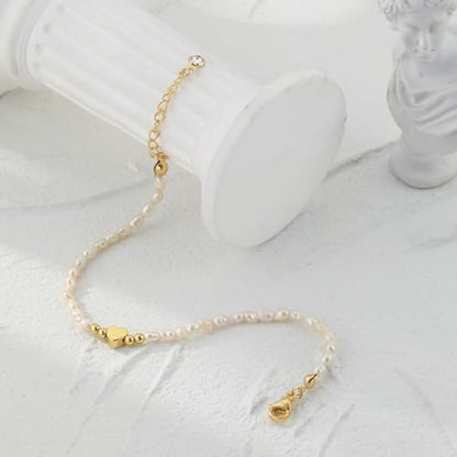 BERISO Gold/Silver Pearl Bracelets - 14K Gold Plated Dainty Pearls Beaded Chain Heart Bracelets - style: Pearl Heart-Gold