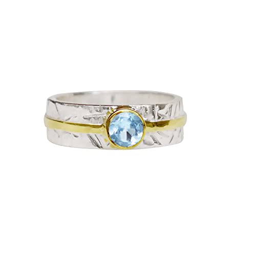 Stunning Blue Topaz Ring Hammered Two Tone Band Ring for Women & Girls Thumb Band Ring In Sterling Silver Gemstone Ring Wedding Promise Best Gift Band Ring Stackable Topaz Ring
