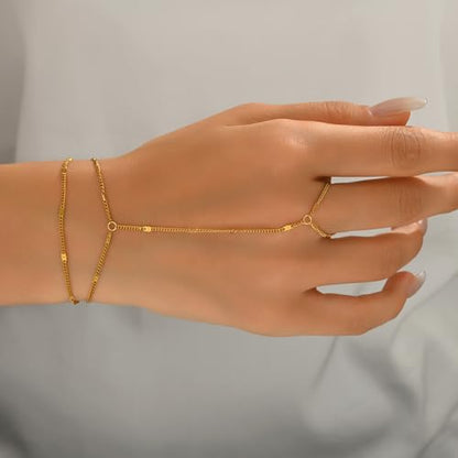 Dainty 18K Gold Plated Tiny Bracelets with Finger Ring for Women | Waterproof Hypoallergenic Adjustable Hand Harness Chain Jewelry - color: Double Layer Dot-GD