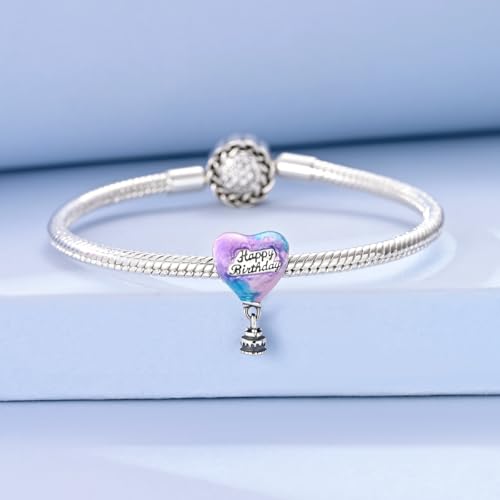 Hapour 925 Sterling Silver Charms for Bracelet Necklace Dangle Pendant Bead | Bear Charm, Elephant Zebra Cat Dream catcher Family Birthday European Jewelry Charm, For Women Mom - color: Purple Blue Birthday Cake Heart Balloon