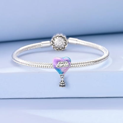 Hapour 925 Sterling Silver Charms for Bracelet Necklace Dangle Pendant Bead | Bear Charm, Elephant Zebra Cat Dream catcher Family Birthday European Jewelry Charm, For Women Mom - color: Purple Blue Birthday Cake Heart Balloon