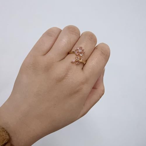 Kokoma Delicate Flower Leaf Wrap Finger Ring for Women Pink Cubic Zirconia Crystal Floral Statement Ring Promise Engagement Rings Adjustable Open Band - color: Pink