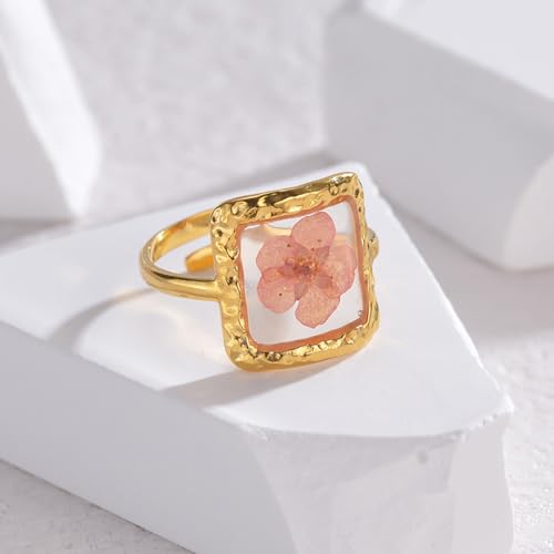 Hebelee Handmade Dried Flower Statement Ring for Women | Gold-Toned Stainless Steel,Adjustable,Pressed Blossom Forget-Me-Not Flowers Open Band Rings,Wedding Holiday Jewelry - color: Square Pink