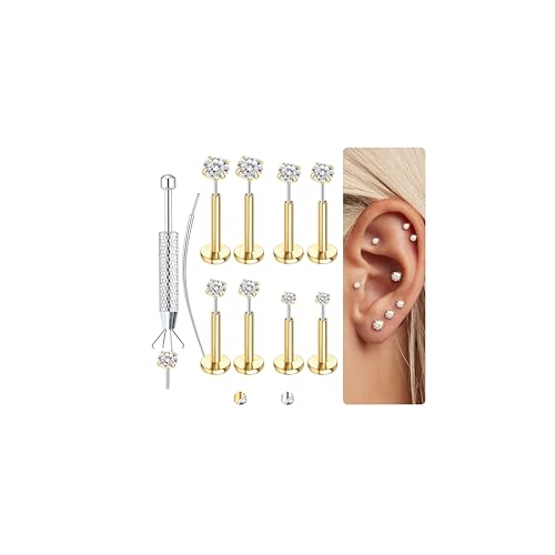 LOLIAS 4Pairs Moissanite Flat Back Earrings Hypoallergenic Nose Rings Studs | Threadless,Push in,Flatback,Surgical Steel,Cartilage Helix Tragus Labret Piercing Jewelry,Taper Ball Grabber Tool 20G 18G 16G - color: Gold, size: 16G