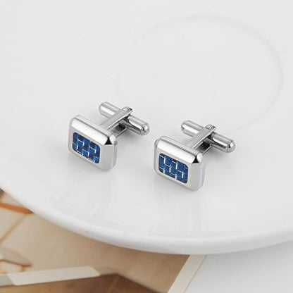 HZMAN Rectangle Carbon Fiber Cufflinks for Men, Stainless Steel High Polished Formal Cuff Links with Carbon Fiber Inlay, Dress Shirt Accessories for Wedding Business Party - style: Silver