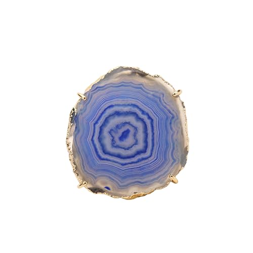 Natural Agate Geode Slice Crystal Gemstone Free-Form Stone Ring Gold Electroplated Adjustable Rings for Women stone Size 30-40mm - color: Blue