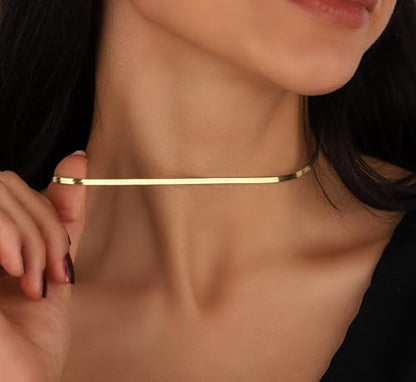 NECOCY 14K Gold Plated Necklaces for Women, Dainty Gold Herringbone Choker Necklace Thin Layered Snake Chain Jewelry for Gifts - color: 3MM 14"-GD Herringbone Necklace