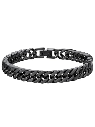 ChainsHouse Stainless Steel Cuban Link Bracelet, 6mm/8mm/12mm/17mm Width, 7.5"/8.3"/9", Black/ 18K Gold Plated Chain Wrist Bracelets for Men Women, Send Gift Box - color: G: Black-8mm width
