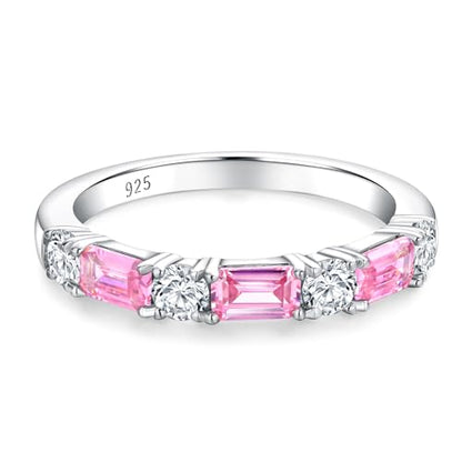 3.5mm Half Eternity Band Sterling Silver Rings for Women Sapphire/Ruby/Emerald and Cz Wedding Bands 7 Stone Stackable Birthstone Ring Anniversary Jewelry Size 6-10 - color: 10-Pink Sapphire-Oct.