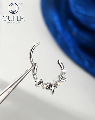 OUFER 16G Silver Gold Moon Star Hinged Segment Septum Ring 316L Surgical Stainless Steel CZ Septum Jewelry 8mm 10mm Inner Diameter with Free Tweezer Helix Tragus Conch Lip Piercing Jewelry for Women - color: Silver