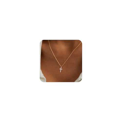 Poxtex Cross Necklace for Women Teen Girls, Dainty 14K Gold Silver Plated Cross Choker Jewelry Non Tarnish Waterproof Cute Simple Small Necklace Christian Baptism Religious Faith Jewelry Gifts - color: 03 Small Cross CZ - Gold